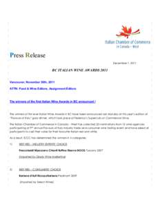 Press Release December 1, 2011 BC ITALIAN WINE AWARDSVancouver, November 30th, 2011