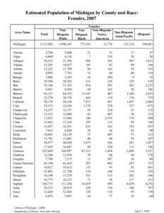 Estimated Population of Michigan by County and Race: Females, 2007 Area Name Michigan Alcona