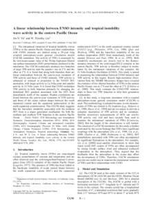 GEOPHYSICAL RESEARCH LETTERS, VOL. 30, NO. 14, 1735, doi:[removed]2003GL017176, 2003  A linear relationship between ENSO intensity and tropical instability wave activity in the eastern Pacific Ocean Jin-Yi Yu1 and W. Timo