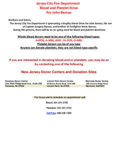 Jersey City Fire Department Blood and Platelet Drive For John Barnas