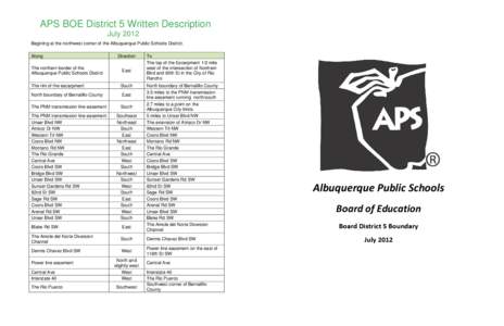 APS BOE District 5 Written Description July 2012 Begining at the northwest corner of the Albuquerque Public Schools District; Along The northern border of the Albuquerque Public Schools Distirct