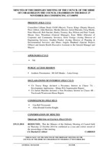 MINUTES OF THE ORDINARY MEETING OF THE COUNCIL OF THE SHIRE OF COBAR HELD IN THE COUNCIL CHAMBERS ON THURSDAY 27 NOVEMBER 2014 COMMENCING AT 5:00PM PRESENT (FILE C13-2) Councillors Lilliane Brady OAM (Mayor), Tracey King