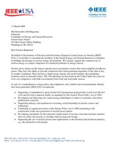 17 March 2009 The Honorable Jeff Bingaman Chairman Committee on Energy and Natural Resources United States Senate 703 Hart Senate Office Building