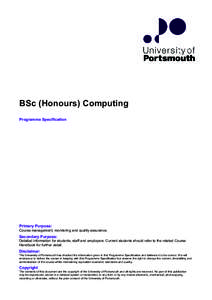 BSc (Honours) Computing Programme Specification Primary Purpose: Course management, monitoring and quality assurance.