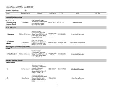 National Report to SCAR for year: [removed]MEMBER COUNTRY: Activity USA Contact Name