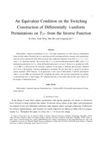 1  An Equivalent Condition on the Switching Construction of Differentially 4-uniform Permutations on F22k from the Inverse Function Xi Chen, Yazhi Deng, Min Zhu and Longjiang Qu**