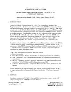 ALAMEDA MUNICIPAL POWER RENEWABLE ENERGY RESOURCES PROCUREMENT PLAN (PER SENATE BILL X1 2) Approved by the Alameda Public Utilities Board: August 19, [removed]INTRODUCTION