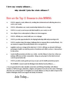 I love my county alliance… why should I join the state alliance? Here are the Top 11 Reasons to Join MSMSA: 11.