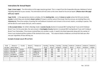 Instructions for Annual Report Page 1 (cover page): The information on this page requires no input. This is a report from the Cooperative Nursery database of actual fingerling deliveries to your nursery. This information