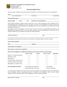 Department of Agricultural and Applied Economics UNIVERSITY OF MISSOURI 200 Mumford Hall Columbia, MOUSA  Recommendation Form