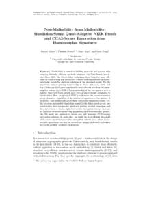 Published in P. Q. Nguyen and E. Oswald, Eds, Advances in Cryptology − EUROCRYPT 2014, vol[removed]of Lecture Notes in Computer Science, pp[removed], Springer, 2014. Non-Malleability from Malleability: Simulation-Sound Q