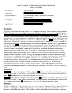 City of Portland - Human Resources Investigative Report January 29, 2015 Date Received: August 22, 2014