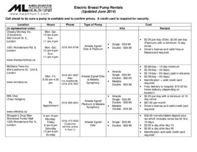 Electric Breast Pump Rentals (Updated June[removed]Call ahead to be sure a pump is available and to confirm prices. A credit card is required for security. Location (in alphabetical order) Cheeky Monkey Inc.