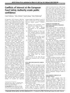 JECH Online First, published on March 8, 2013 as[removed]jech[removed]Commentary Conﬂicts of interest at the European Food Safety Authority erode public conﬁdence