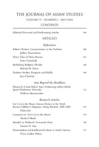 THE JOURNAL OF ASIAN STUDIES VOLUME 73 • NUMBER 2 • May 2014 CONTENTS Editorial Foreword and Forthcoming Articles