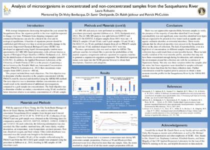 Analysis of microorganisms in concentrated and non-concentrated samples from the Susquehanna River Laura Robusto Mentored by Dr.Vicky Bevilacqua, Dr. Samir Deshpande, Dr. Rabih Jabbour and Patrick McCubbin Introduction