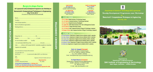 Registration Form DST sponsored Faculty Development Programme-cum-Workshop on Numerical & Computational Techniques in Engineering May 19-25, 2014 (Format to be attached with demand draft)