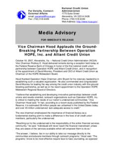 Media Advisory - Vice Chairman Hood Applauds the Ground-Breaking Partnership Between Operation HOPE, Inc. and Alliant Credit Union