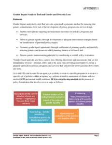 APPENDIX 1 Gender Impact Analysis Tool and Gender and Diversity Lens Rationale Gender impact analysis is a tool that provides a practical, systematic method for ensuring that gender considerations form part of the develo