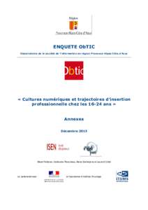 ENQUETE ObTIC Observatoire de la société de l’information en région Provence-Alpes-Côte d’Azur « Cultures numériques et trajectoires d’insertion professionnelle chez lesans »