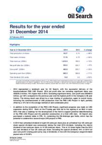 Results for the year ended 31 DecemberFebruary 2015 Highlights Year to 31 December 2014