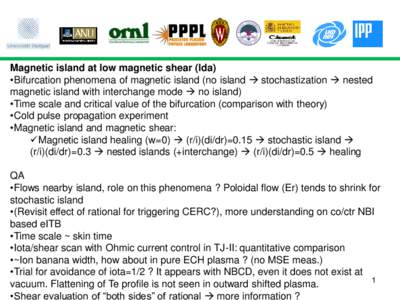 Magnetic island at low magnetic shear (Ida) •Bifurcation phenomena of magnetic island (no island  stochastization  nested magnetic island with interchange mode  no island) •Time scale and critical value of t