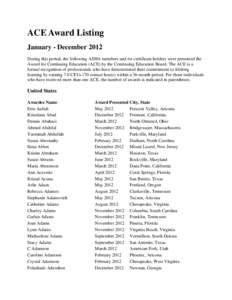 ACE Award Listing for January to December, 2012