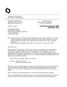 O Comptroller of the Currency Administrator of National Banks Northeastern District Office 340 Madison Avenue, 5th Floor New York, New York 10017