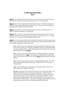 Youth Basketball Rules 2012 Rule #1 The official ball size will be youth size 27.5 inch for 5-6 year olds, 28.5 inch for 7-10 year olds and all other girl teams, and 29.5 for[removed]year old boys. Rule #2 The ball will be