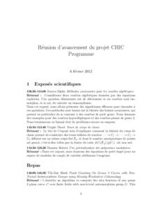 R´eunion d’avancement du projet CHIC Programme 6 f´evrier
