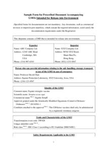 Sample Form for Prescribed Document Accompanying GMOs Intended for Release into Environment (Specified forms for documentation are not mandatory. Any documents, such as commercial invoices or import/export manifests, whi