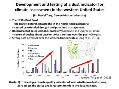 Development and testing of a dust indicator for climate assessment in the western United States (PI: Daniel Tong, George Mason University)  The 1930s Dust Bowl -- the largest natural catastrophe in the North America h