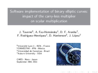 Elliptic curve cryptography / Finite fields / Public-key cryptography / Group theory / Elliptic curves / Elliptic curve / Cryptography / Multiplication algorithm / Workshop on Cryptographic Hardware and Embedded Systems / ECC patents