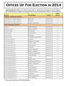 OFFICES UP FOR ELECTION IN 2014 Clark County, NV, offices are listed in the order in which they will appear on the ballot. This information is subject to change in the case of unforeseen events or circumstances. OFFICE F