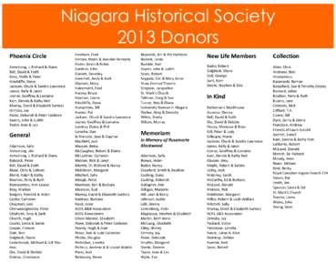 Niagara Historical Society 2013 Donors Phoenix Circle Armstrong, J. Richard & Diane Bell, David & Faith Enns, Molly & Peter