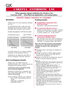 CAREFUL ANTIBIOTIC USE When parents request antibiotics for rhinitis or the “common cold”... Give them an explanation, not a prescription. RHINITIS VERSUS SINUSITIS IN CHILDREN1 Remember: