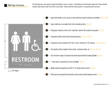 ADA Sign Summary  6” The following ten rules apply to signs that identify a room or space. Informational and directional signs don’t require Braille, however they follow many of the other rules below. Please read thi