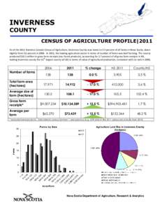 INVERNESS COUNTY CENSUS OF AGRICULTURE PROFILE|2011 As of the 2011 Statistics Canada Census of Agriculture, Inverness County was home to 3.5 percent of all farms in Nova Scotia, down slightly from 3.6 percent in[removed]In