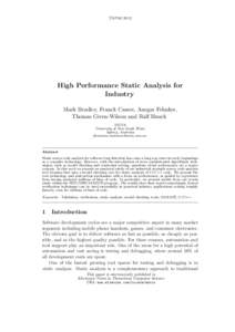 TAPASHigh Performance Static Analysis for Industry Mark Bradley, Franck Cassez, Ansgar Fehnker, Thomas Given-Wilson and Ralf Huuck