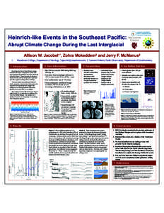 Heinrich-like Events in the Southeast Pacific: Abrupt Climate Change During the Last Interglacial Allison W. Jacobel1*, Zohra Mokeddem2 and Jerry F. McManus2 1.   Macalester College, Department of Geology, *ajacobel@ma