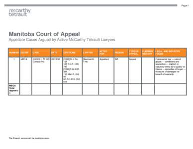 Page 1  Manitoba Court of Appeal Appellate Cases Argued by Active McCarthy Tétrault Lawyers  NUMBER COURT