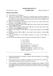 Sample PaperTime allowed: 3 hours PHYSICS (XII)  Maximum Marks: 70