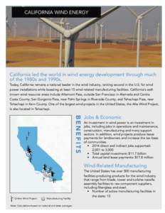 California WIND ENERGY  California led the world in wind energy development through much of the 1980s and 1990s. Today, California remains a national leader in the wind industry, ranking second in the U.S. for wind power