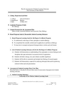 Plan for Assessment of Student Learning Outcomes The University of New Mexico A. College, Department and Date 1. College: 2. Department: