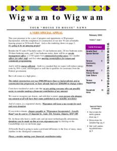 Wigwam to Wigwam YOUR “HOUSE TO HOUSE” NEWS A VERY SPECIAL APPEAL  Volume 7, Issue 1
