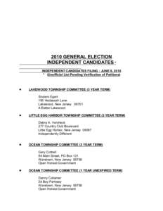 2010 GENERAL ELECTION INDEPENDENT CANDIDATES * INDEPENDENT CANDIDATES FILING : JUNE 8, 2010 * (Unofficial List Pending Verification of Petitions)  #