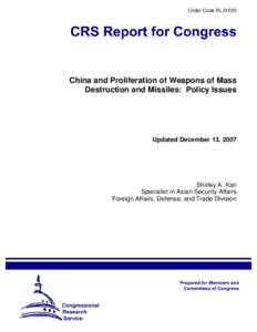 China and Proliferation of Weapons of Mass Destruction and Missiles:  Policy Issues