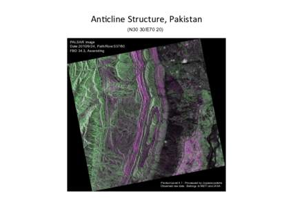 An#cline	
  Structure,	
  Pakistan	
   (N30 30/E70 20) 	
 PALSAR image Date:, Path/Row:FBD 34.3, Ascending