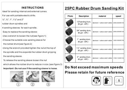 INSTRUCTIONS  25PC Rubber Drum Sanding Kit Ideal for sanding internal and external curves. For use with portable electic drills.