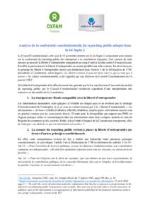 Analyse de la conformité constitutionnelle du reporting public adopté dans la loi Sapin 2 Le Conseil Constitutionnel a été saisi le 15 novembre dernier sur la loi Sapin 2, notamment pour statuer sur la conformité du